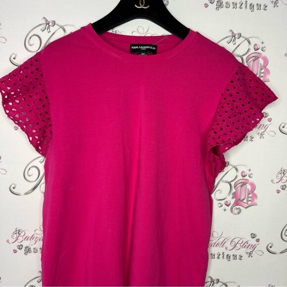 Karl lagerfeld tshirt crochet shoulder detail fuschia pink soft stretchy boho - Picture 2 of 9
